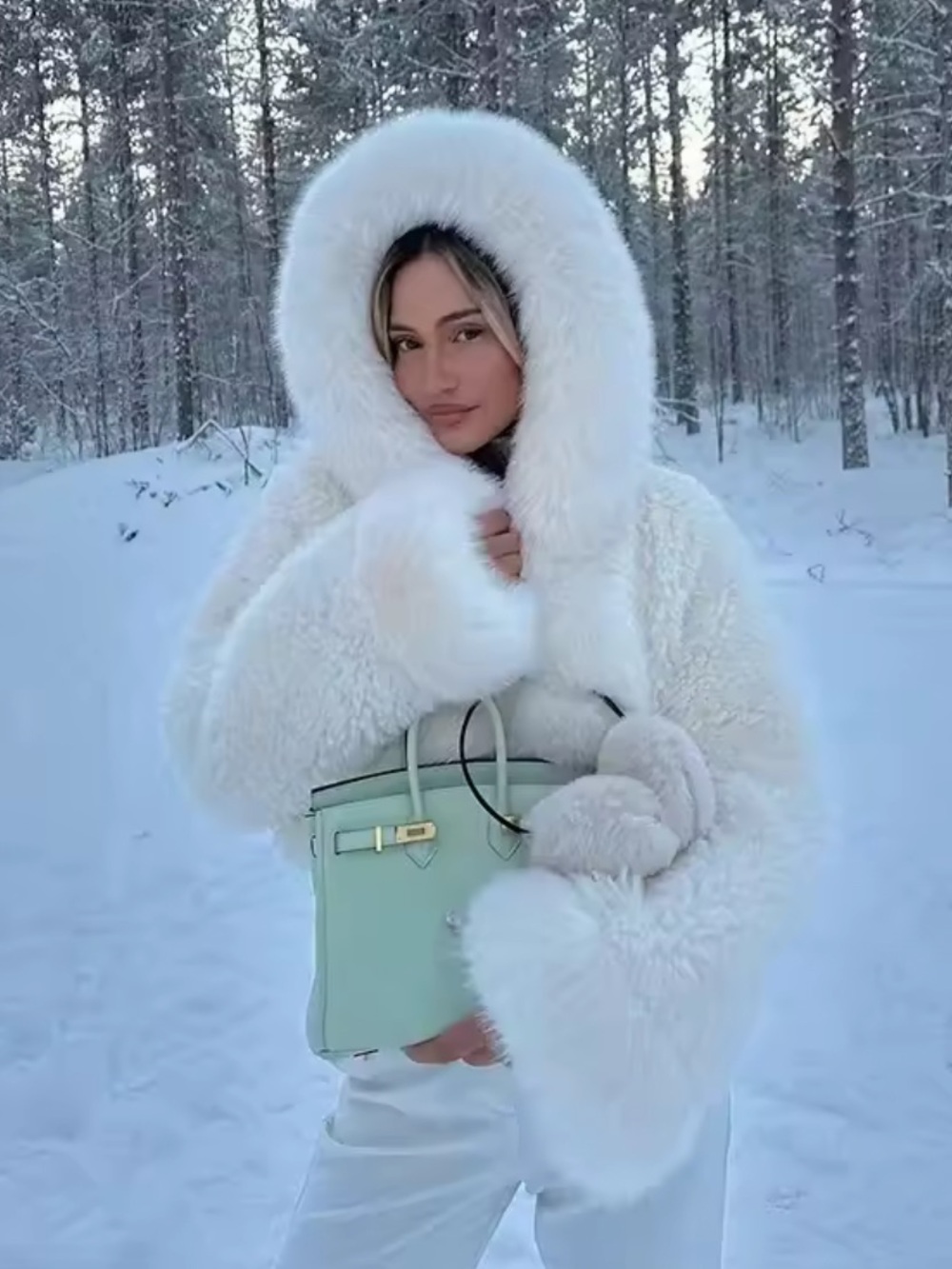 Plush White Faux Fur Hooded Jacket - Picture 4 of 8